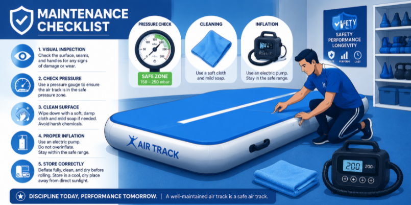 Maintenance and safety illustration showing tools for cleaning and pressure checking a gymnastics air track