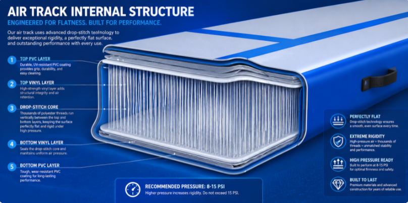Detailed cross-section illustration of an air track showing the internal drop-stitch thread technology and flat structure.