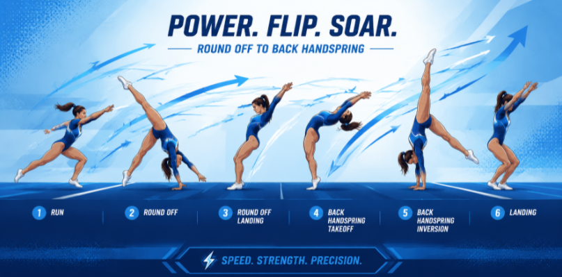 A gymnast executing a fast-paced sequence of tumbling skills including a roundoff and back handspring.