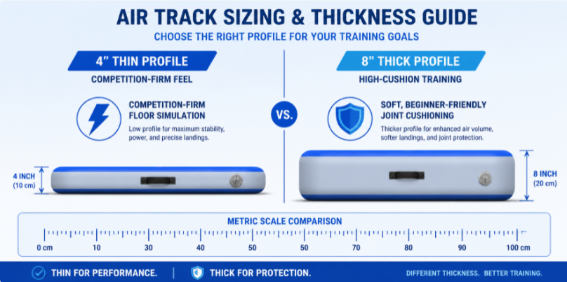 Sizing diagram comparing a 4-inch firm competition air track profile with an 8-inch high-cushion training track profile