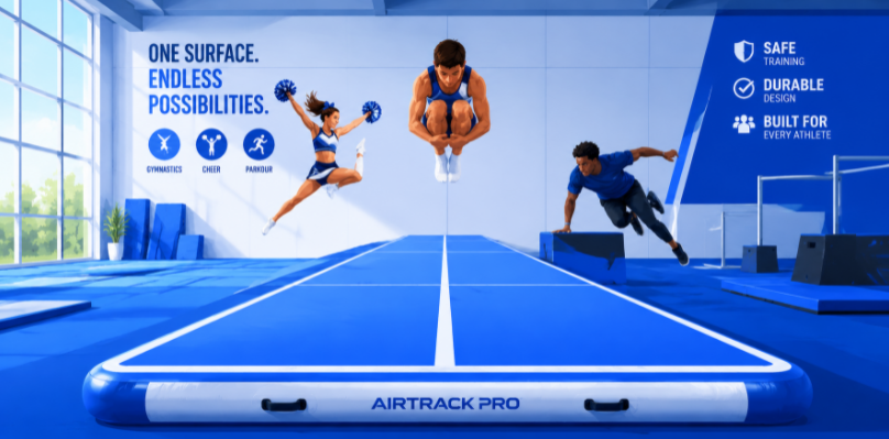 Diverse athletes including a cheerleader, gymnast, and parkour runner practicing safely on a long inflatable air track lane.