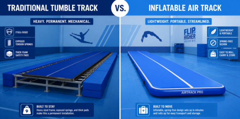 Comparison layout showing a heavy steel-frame mechanical tumble track next to a sleek inflatable blue air track