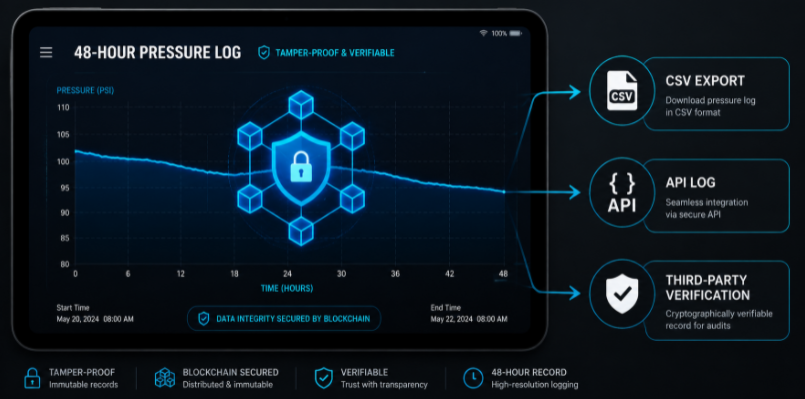 Infographic illustrating blockchain-verified digital data logging for pressure retention testing in B2B manufacturing