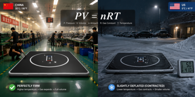 Visual comparison showing the physical impact of temperature change (thermal air contraction) on an inflatable mat shipped from China to a cold US climate