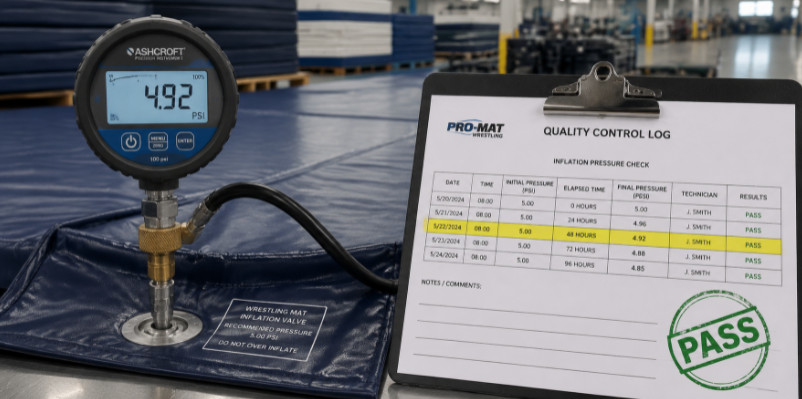 Factory QC station showcasing digital manometer reading and a pass log sheet for 48-hour mat pressure retention metrics