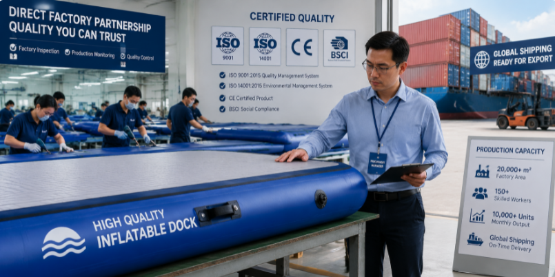 Supplier selection process for wholesale inflatable docks focusing on factory inspection, certifications, and production capacity