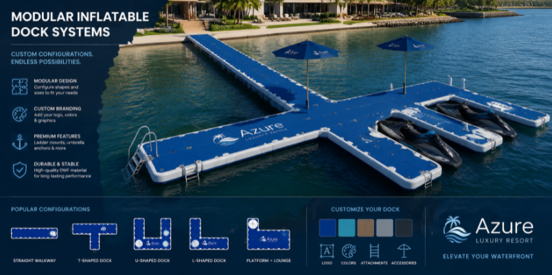 Custom modular inflatable dock configurations with branding, colors, and specialized attachments for commercial waterfront use