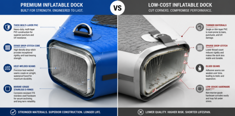 Quality comparison between premium and low-cost inflatable docks highlighting materials, seams, and hardware differences