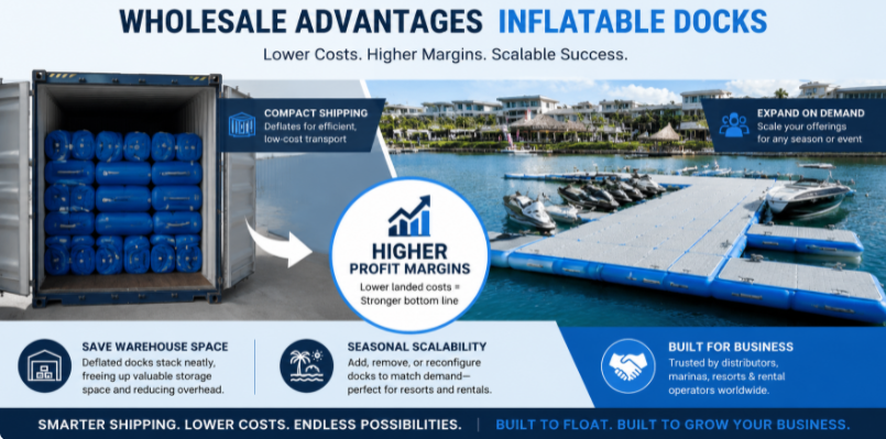 Wholesale advantages of inflatable docks showing compact shipping, storage savings, and scalable commercial waterfront setups
