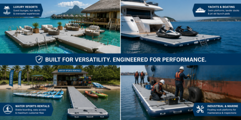 Various B2B applications of inflatable docks including resorts, marinas, water sports rentals, and industrial waterfront work platforms