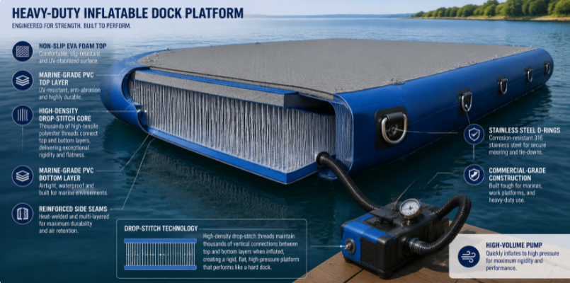 Cross-section diagram showing drop-stitch technology and marine-grade construction of a commercial inflatable floating dock