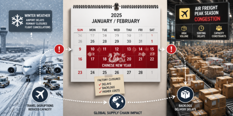 A conceptual graphic showing holiday factory closures and winter peak-season shipping congestion that cause international logistics delays.
