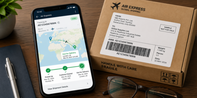 A smartphone displaying a real-time air express shipping tracking interface next to a delivered sample package on a desk