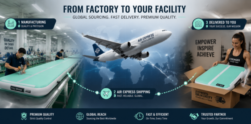 A global logistics graphic mapping the journey of an inflatable gymnastics mat sample from a factory floor, through air express shipping, to a business owner's facility.