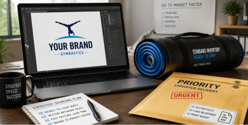 An expedited sourcing setup featuring ready-to-ship standard inventory mats and prepared vector brand artwork files to speed up factory lead times