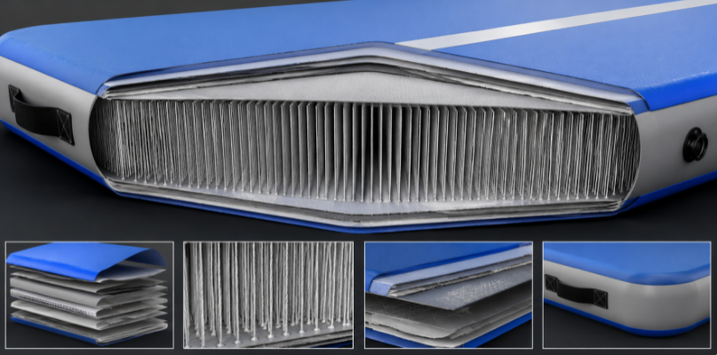 Vector diagram showing the internal drop-stitch technology and double-wall fabric layer of a premium gymnastics air track