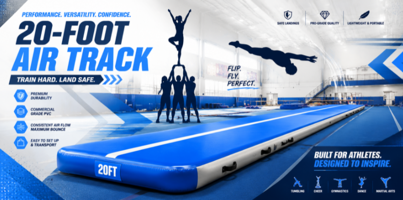 Modern vector illustration of a 20ft commercial gymnastics air track mat in a professional training facility
