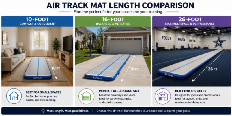 Size comparison graphic illustrating small, medium, and large inflatable gym mats in different training environments