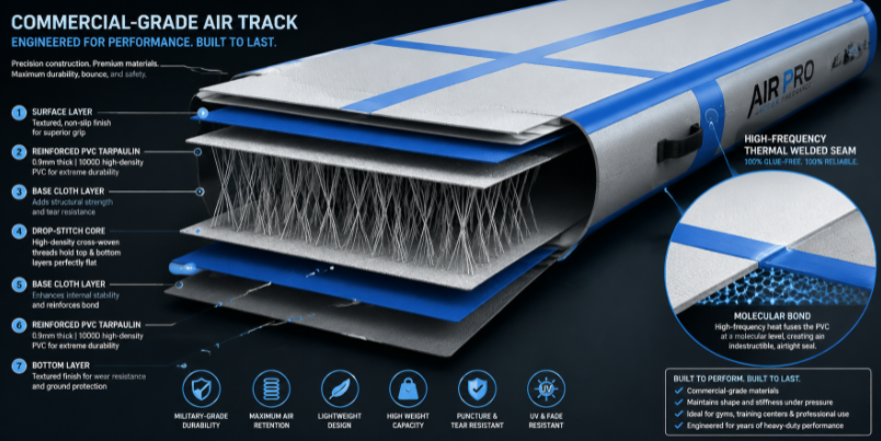 Technical vector diagram of air track anatomy showing high-density drop-stitch core, 0.9mm PVC, and heat-welded seams