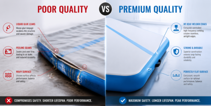 Graphic comparison showing the difference between low-quality glued seams and premium high-frequency heat-welding