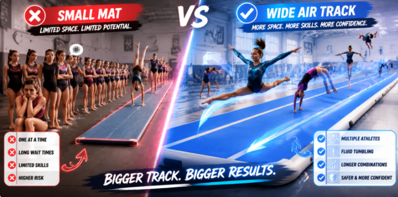 Vector illustration contrasting a cramped, inefficient short mat with a long, continuous commercial air track runway for smooth athlete traffic