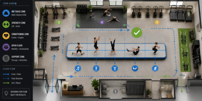 Flat vector illustration showing efficient multi-station athlete training and maximized square footage on a long gym mat