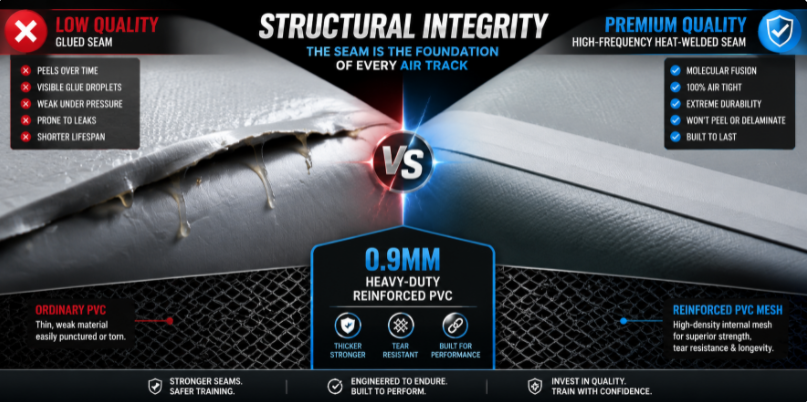 Micro-detail comparison between low-quality glued seams and premium high-frequency heat-welded gymnastics mats