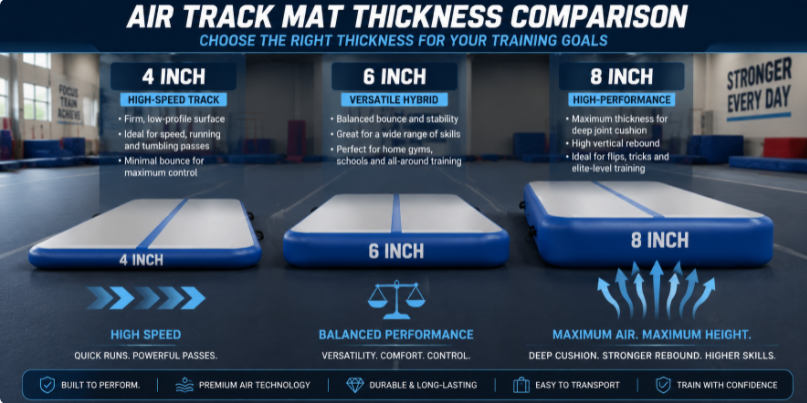 Visual guide comparing 4-inch, 6-inch, and 8-inch air track thicknesses for different gymnastics skill levels