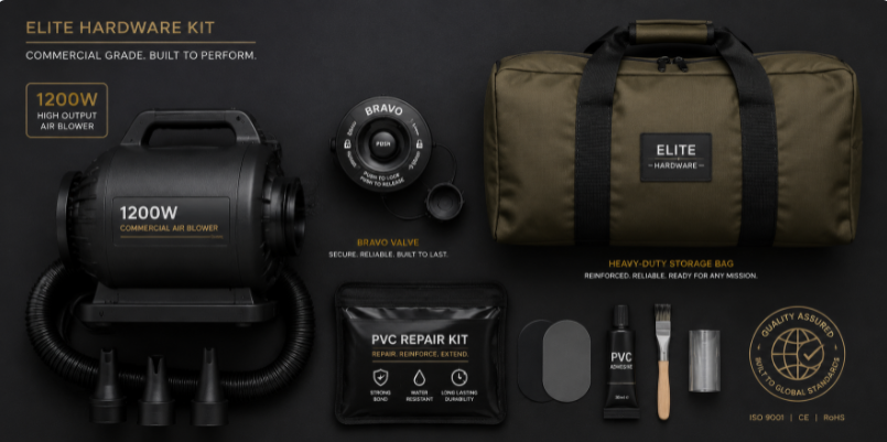 Flat-lay layout of premium commercial air track accessories including a high-volume pump, Bravo valves, and a heavy-duty bag