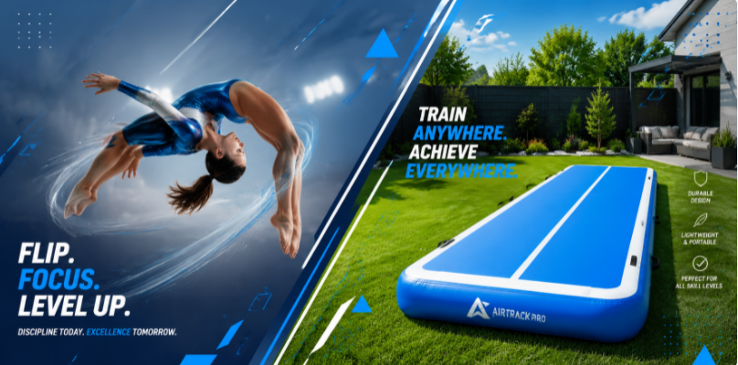 Visual guide comparing 4-inch, 6-inch, and 8-inch air track thicknesses for different gymnastics skill levels