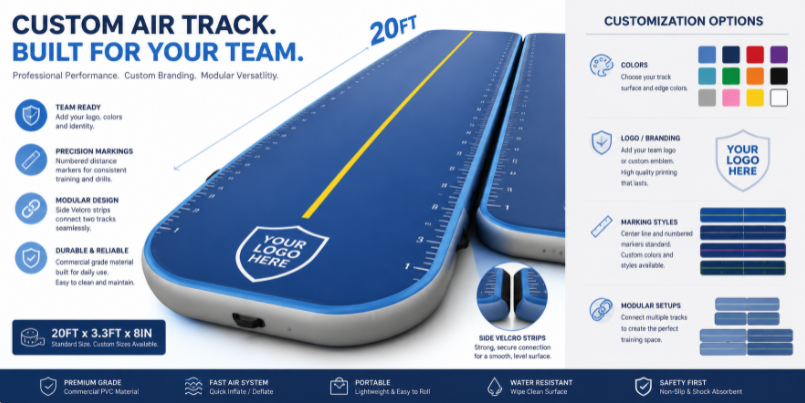 Custom gymnastics air track design featuring a center alignment line, perimeter velcro, and distance markers