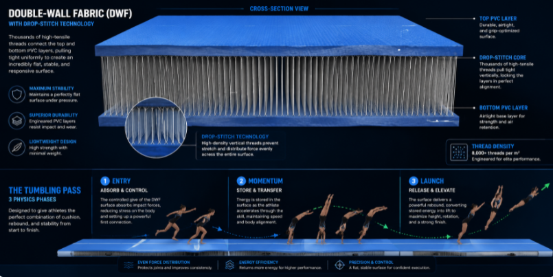 Drop-stitch technology cross-section and physics diagram of a 6-meter tumbling track