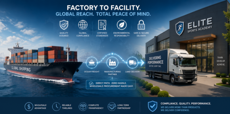 Vector illustration of global wholesale sourcing and seamless factory-to-door delivery logistics for sports equipment.