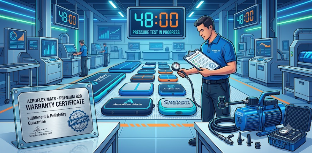 Factory quality assurance illustration showing standardized pressure testing, manufacturer warranty support, and professional inflation accessories.