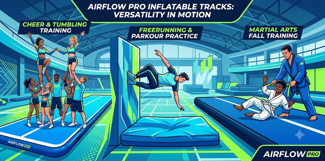 Multi-panel sports illustration showing air track applications across cheerleading choreography, parkour training, and martial arts classes.