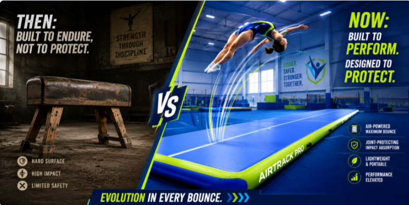 comparing traditional gymnastics equipment with a high-performance inflatable air track mat in a professional gym