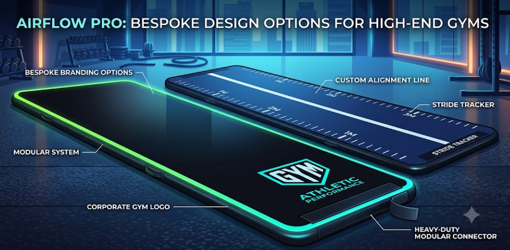 Product design layout showcasing custom mat colors, visual alignment lines, private label logo integration, and modular Velcro connection strips