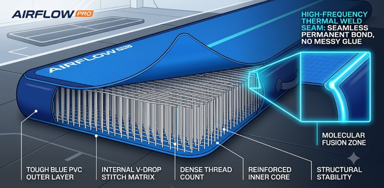 Cutaway vector diagram illustrating internal high-density V-drop stitch threads and a heat-welded seamless edge of a commercial air track.