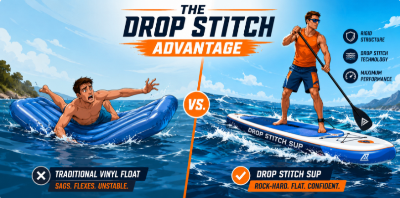 Comparison graphic illustrating the rigidity of drop stitch technology versus traditional floppy inflatables on water.