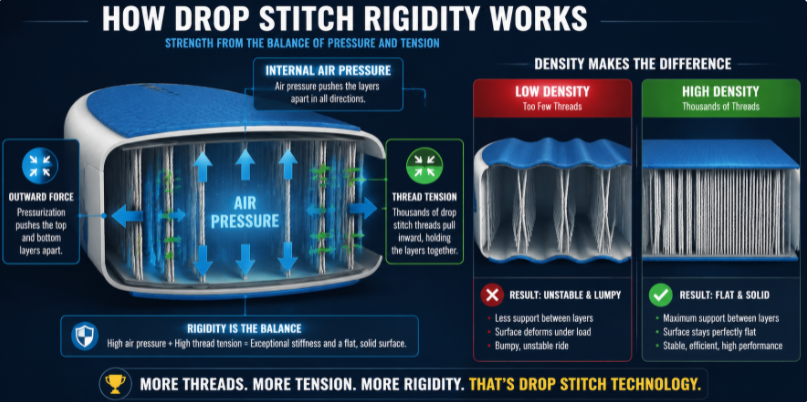 Infographic detailing how high internal air pressure and dense threads create a rigid, flat surface in drop-stitch products.