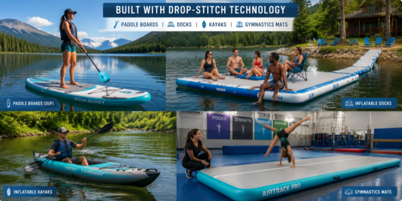 A composite illustration showing various drop-stitch products including paddle boards, docks, kayaks, and gymnastics mats.