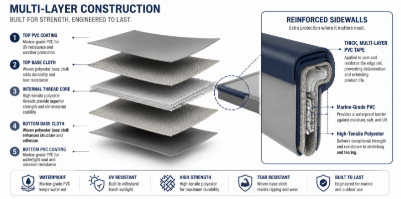 Diagram detailing the multi-layer materials including PVC, base cloth, internal threads, and reinforced sidewalls.