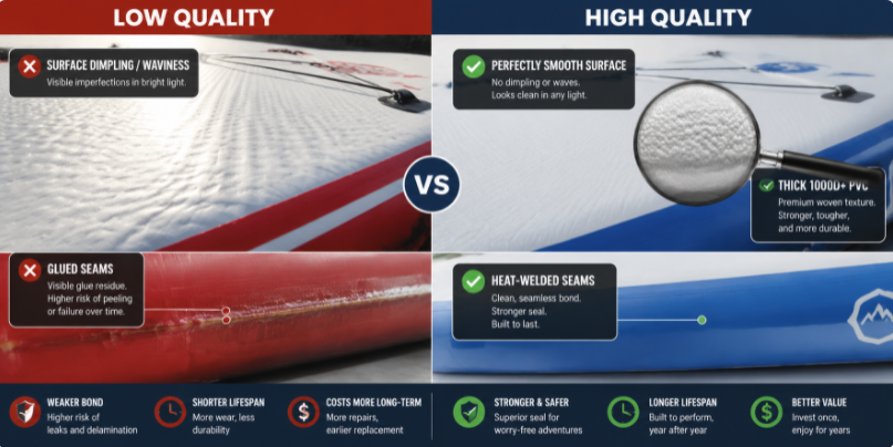 Comparison image highlighting indicators of high-quality vs. low-quality drop-stitch manufacturing features.