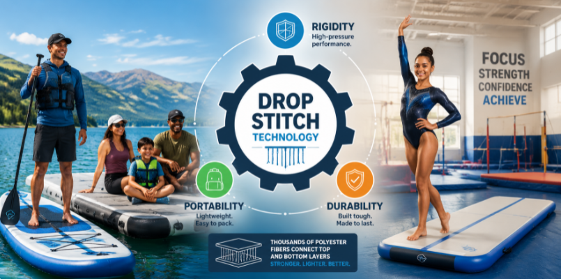 A closing graphic illustrating confident users utilizing versatile, rigid, and durable drop-stitch products.