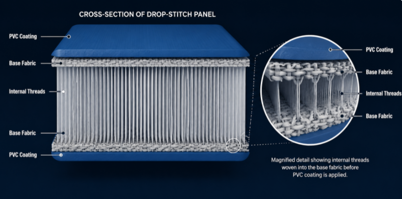 Cross-section diagram showing the internal polyester threads connecting the fabric layers of drop-stitch construction.