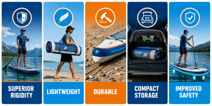 Infographic highlighting the main benefits of drop-stitch technology like rigidity, portability, and durability.