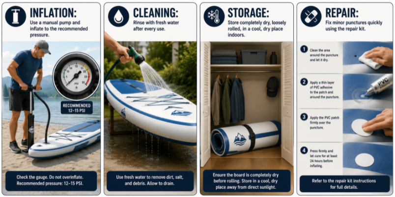 Educational graphic showing essential maintenance steps for preserving drop-stitch inflatables.