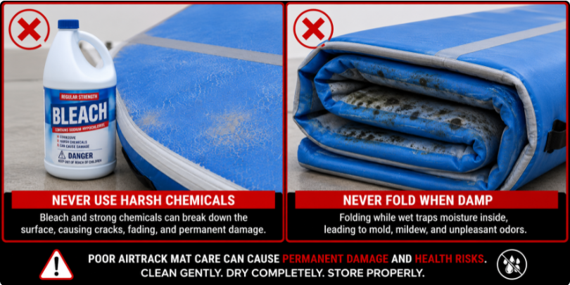 Warning illustration showing the damaging effects of using bleach on PVC and storing an air track mat while still wet.