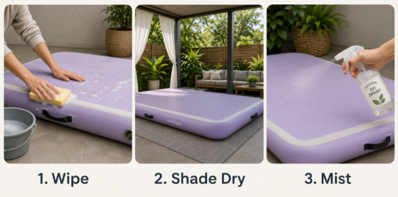 Infographic showing the step-by-step cleaning process: gentle wiping with mild soap, air-drying in the shade, and misting with a natural disinfectant.