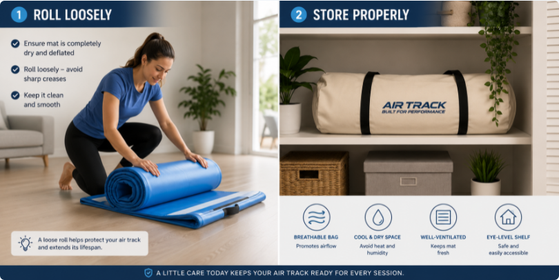 Illustration demonstrating proper storage techniques, showing an air track loosely rolled and stored inside a cool, dry closet.